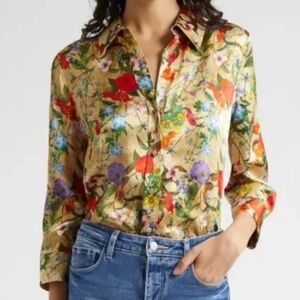 L'AGENCE Dani Silk Button Down Gold Yellow Multi Botanical Vintage Silk, S